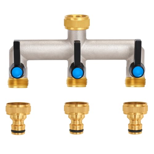 OPERMAXER 3-Wege Wasserhahn Wasserverteiler, Verlängerter Griff, 3/4 Zoll Messing Wasseranschluss Verteiler mit individuellem Absperrhähnen，3er Verteiler 3/4' Adapter 1/2' für Geräte/Gartenschläuche