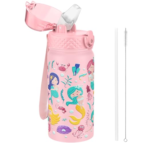 GOPPUS 420ml/14oz Kids Insulated Water Bottle with Straw Cute Double Wall Stainless Steel Child's Small Flask Vacuum Insulated Steel Metal Leak Proof Drink Flask Boys Toddler Girls Bottles BPA-Free