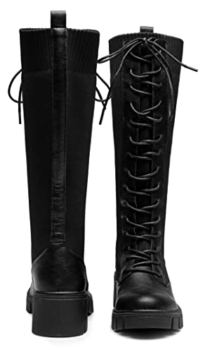 Jeossy Women's 9603 | Knee High Boots | Platform Chunky Heel Boots Lace Up Knitting Stretch Boot Black Size 9(Djy9603 Black 09) #TOP5