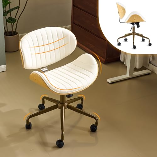 VINGLI Wide Comfotable Swivel Home Office Chair with Wood-Grain Curved Shell,Ergomomic Mid-Back Padded Armless Rolling Desk Chair with Wheels,Height Adjustable for Computer,Task,Work,PU Leather,White