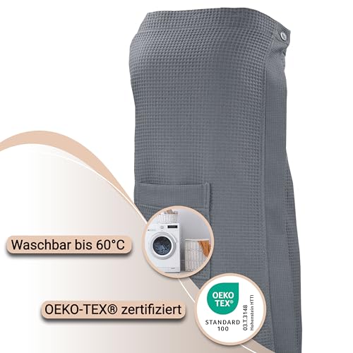ZOLLNER Damensaunakilt in Waffelpique - grau - Einheitsgröße - Baumwolle - mit Gummizug und Klettverschluss - praktische Tasche mit Reißverschluss - waschbar bis 60°C - Oeko Tex® zertifiziert