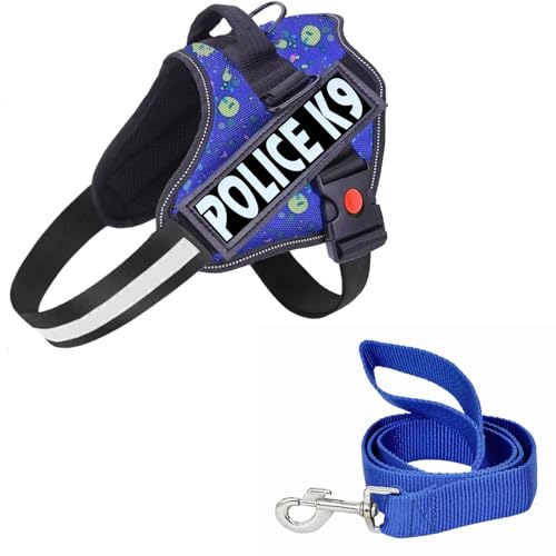 Image of Berlin's Police K9 Dog Harness with Leash, Dog Vest with Handle, Reflective Adjustable No-Pull Harness for Dogs Heavy Duty Nylon, for Training, Patrol, Hiking (Printed Blue, Large (21-35Kg))