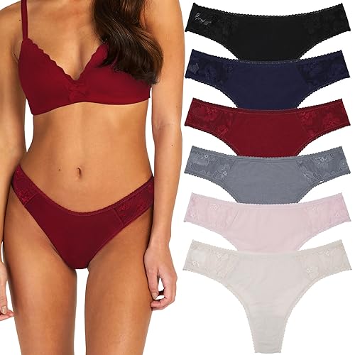 BIONEK Womens Thongs Cotton Underwear Pack - Sexy Lace Panties Soft Breathable T-Back Hipster Low Waist S-XL 6 Pack/3 Pack