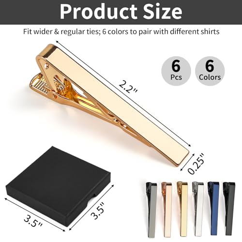 6 Pcs Tie Clips for Men, 6 Classic Colors Shiny & Glossy Tie Bar, Ideal for Father, Husband, Boyfriend, Business, Wedding, Tie Pins with Gift Box2