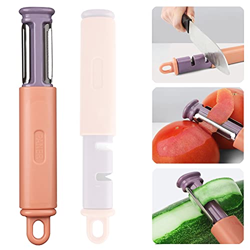 HAIJIN 3 in 1 Vegetable Peeler Serrated for Kitchen Stainless Steel Veggie Fruit Potato Hard Skinned Carrot Potatoes Apple Cucumber & Soft Tomato (orange) 7.7*1.3*0.89in 4616