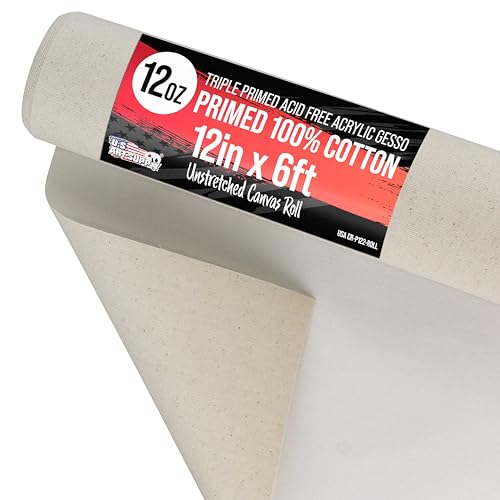 U.S. Art Supply 12' Wide x 2 Yards (6 Feet) Long Unstretched Canvas Roll - 100% Cotton, 12-Ounce Triple Primed Gesso, Acid-Free - Pro Artist Quality, Oil & Acrylic Painting, Murals - Cut To Frame Size