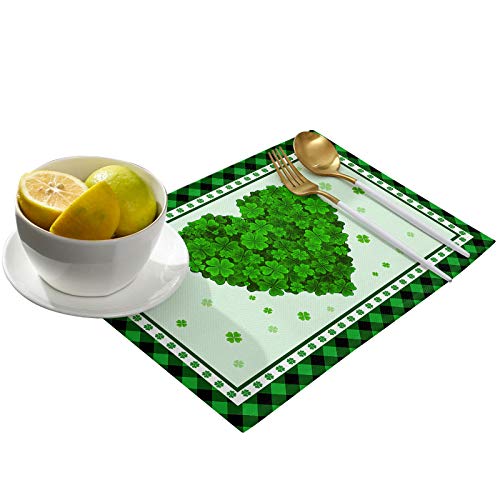 Happy St. Patrick's Day Placemats Set Of 6, Cotton Linen Heat Resistant Table Mats Non-Slip Washable Heart Shape Clover Shamrock Green Buffalo Placemat For Holiday Banquet Dining Kitchen Table Decor #TOP1