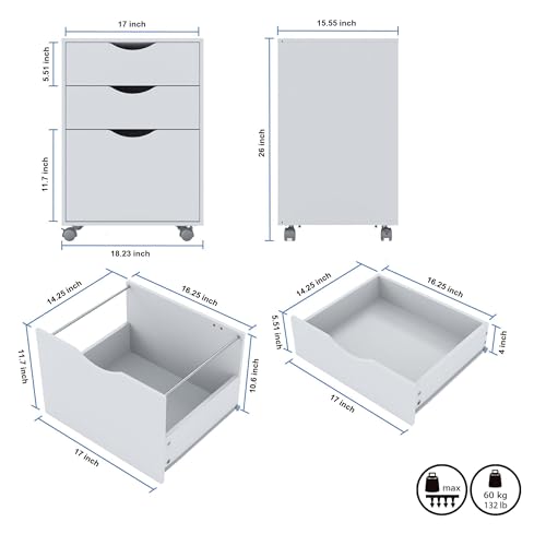 QDSSDECO 3 Drawer Mobile File Cabinet, Rolling Vertical Filing Cabinet fits A4, Legal Paper and Letter Paper for Home Office, White by QDSSDECO - Image 2