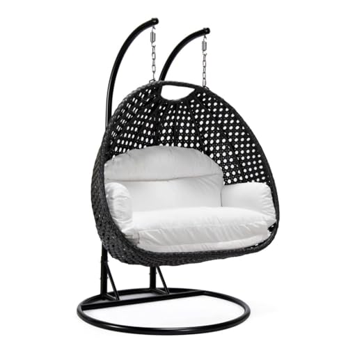 Image of Double Seater Hammock Swing Chair with Stand & Cushion | Heavy Duty Powder Coated Steel Frame | Outdoor Indoor Hanging Swing for Patio Balcony Garden Terrace Living Room (Black-White)