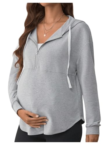 BEAUDRM Womens Maternity Half Zip Sweatshirts Long Sleeve Drop Shoulder Drawstring Hoodie Grey Large