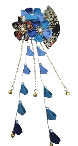 CRB Fashion Womens Kimono Traditional Tsumami Kanzashi Outfit Wedding Japanese Asian Yukata Hair Tie Flower Floral Fan Barrette Clip (Blue II)