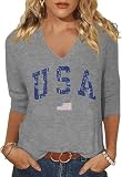 4th of July V Neck Shirt for Women:USA Flag 3/4 Sleeve Tshirt Stars and Stripes Graphic Tee Summer Red White and Blue Patriotic Tops(L,Grey-01)