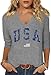 4th of July V Neck Shirt for Women:USA Flag 3/4 Sleeve Tshirt Stars and Stripes Graphic Tee Summer Red White and Blue Patriotic Tops(L,Grey-01)
