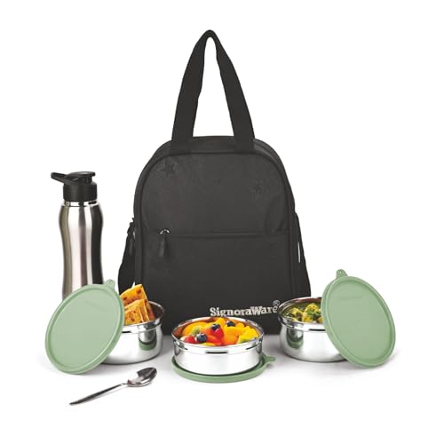 SignoraWare Fusion Stainless Steel Big Lunch Box with Sipper | Airtight & Leakproof | Easy to Carry | Ideal for Office, School & Travel (650mlx2 + 500ml + 750ml | Setof4 | EGreen)