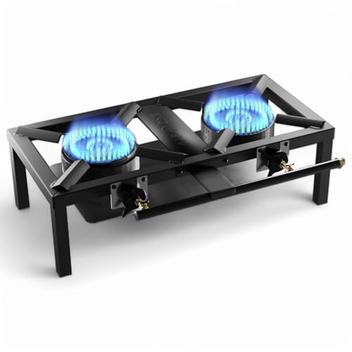 GasOne High-Pressure Double Propane Burner – Low-Profile Outdoor Stove with Heat Guard & Adjustable Knobs – Dual Flame Control & PSI Regulator for Camping, Tailgating, Seafood Boil, Home Brewing