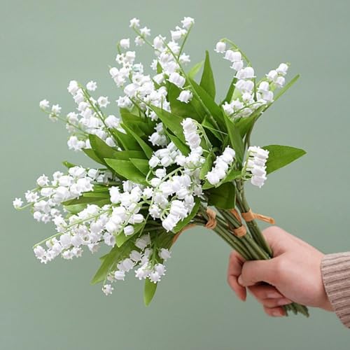 OUKEYI 18 Lily of The Valley Plastic Flower,Bundles Artificial Flowers, Outdoor Bridal Wedding Bouquet for Home Garden Party Wedding Decoration (White)