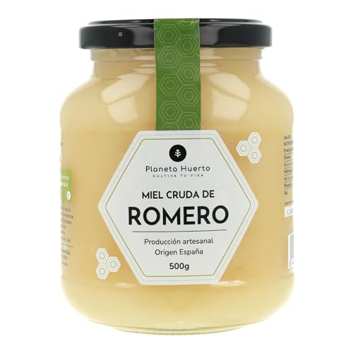 PLANETA HUERTO | Miel Cruda de Romero 500 gr, Natural y Artesanal - Miel cruda Sin Filtrar ni Pasteurizar, Producción Española con Alta Concentración de Néctar de Romero