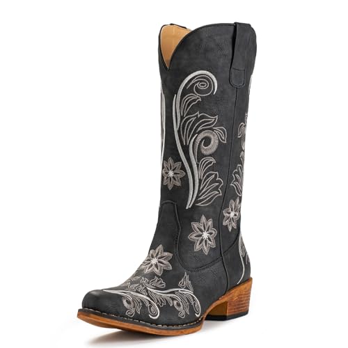 Image of IUV Cowboy Boots For Women Mid Calf Cowgirl Boots Embroidered Pull-On