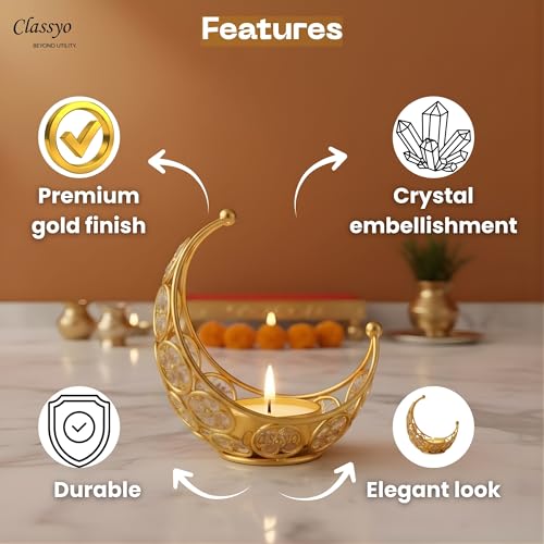 Image of Classyo Moon Shaped Crystal Tea Light Candle Holders (Pack of 2) | Diwali Tealight Candle Holders | Metal Lantern | Tea Light Holders for Diwali, Pooja and Ramadan (Gold)