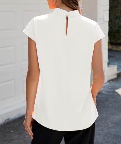 Funlingo Womens Summer Tops Mock Neck Short Cap Sleeve Blouses Business Casual Work Chiffon Shirts Front Pleated Tunic Top2