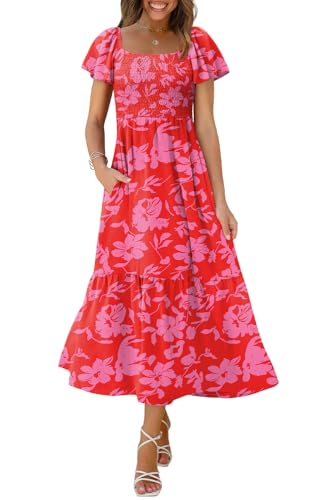 Image of OFEEFAN Summer Dresses for Women Square Neck Ruffle Sleeve Smocked Maxi Dress with Pockets