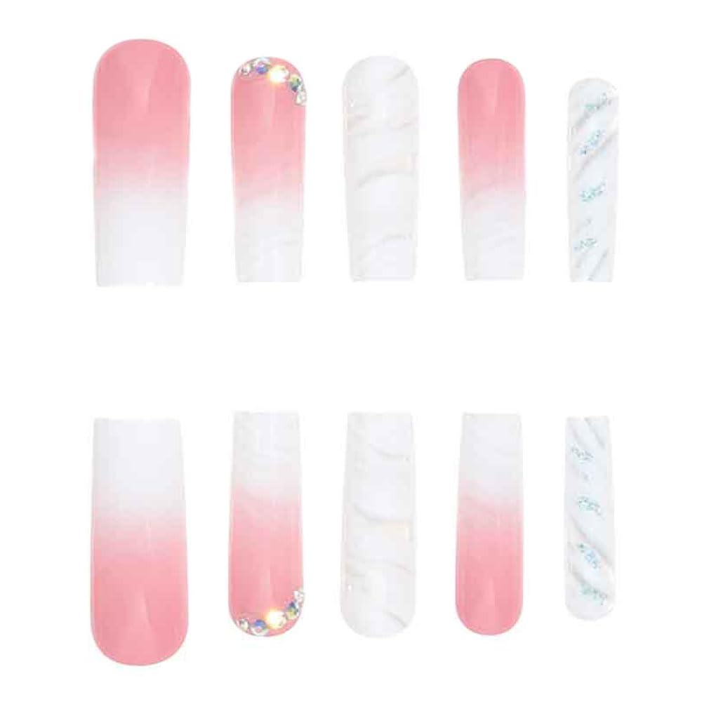 Ombre Pink White Press on Nails Long Square BAOYAALIN. Glitter Fake Nails with Rhinestones Design Gel Glue on Nails for Women Full Cover Acrylic Artificial False Stick on Nail for Wedding 24Pcs