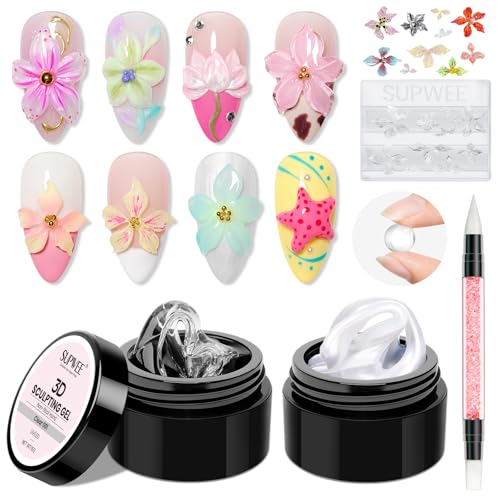 SUPWEE 3D Gel Nail Art für Nagel 15g Klar Perlweiß 3D Sculpting Gel mit Blumenform und Silikonstift Multifunctional Solid UV Modelliergel für Frauen Mädchen Nail Art Home Salon