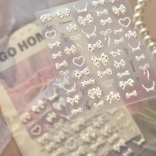 Image of Bow Nail Stickers Polka Dot Bow Nail Decals with Pearl Design 5D Embossed Self Adhesive DIY Manicure Charms Supply Decoration for Women