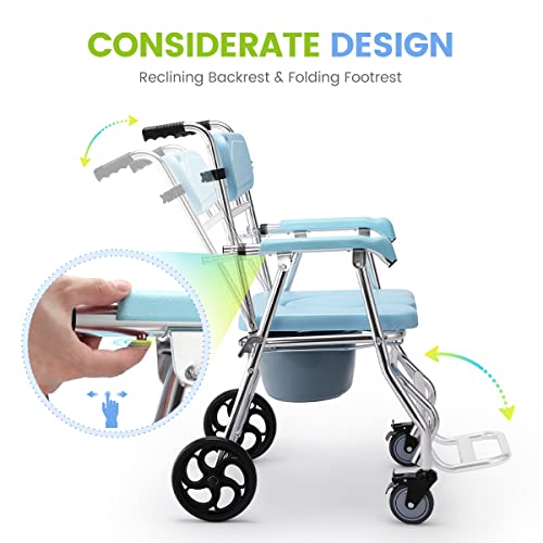 Oasisspace Folding Shower Commode Wheelchair - 300Lbs Beside Commode Chair With Padded Seat, Waterproof Rolling Shower Chair With Armrests And Backrest, Shower Chair With Wheels For Small Shower #TOP4