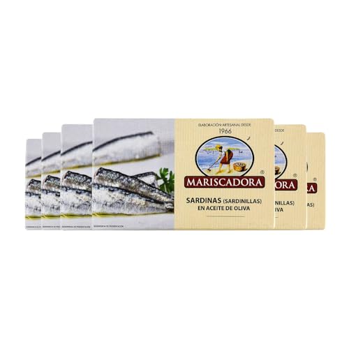 Pack 6x Sardinillas en Aceite de Oliva Mariscadora – 115 g c/u | 10‑14 Piezas Premium | Conserva Artesanal Gallega | Solo Sardinas, Aceite y Sal