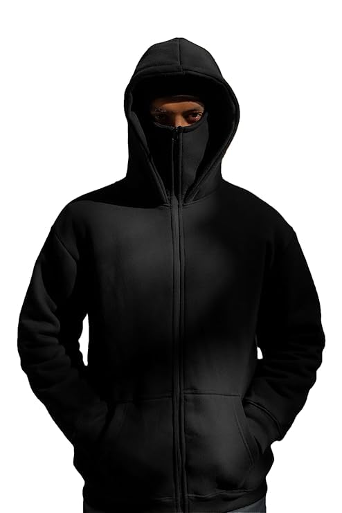 koverify Plain Cotton Hooded Neck with Mask Stylish Balaclava Black Zipper Hoodie-picture-42