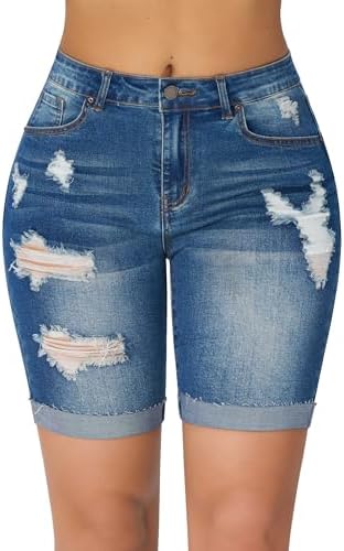 roswear Women's High Waisted Stretchy Ripped Cuffed Bermuda Denim Jean Shorts Blue Medium