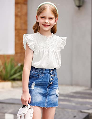 Flypigs Girls Short Cap Sleeve Shirts Keyhole Back Tops Pleated Crewneck Chiffon Swiss Dot Blouse Dressy Tunic White 11-12 Years #TOP2