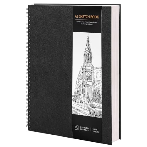 Blocco da disegno formato A3 con copertina rigida a spirale, 160 g/m², carta spessa, blocco da disegno per progetti artistici, 60 fogli/120 pagine, blocco per schizzi A3 per artisti