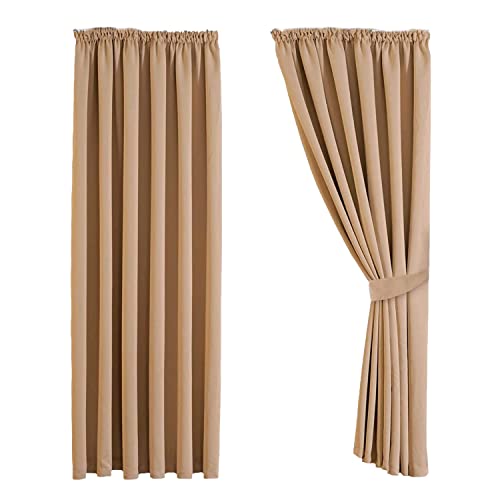 Aspire Homeware Beige Thermal Blackout Curtains for Bedrooms - Pencil Pleat 90x72 inch Living Room Drapes, 2 Panels with Tiebacks