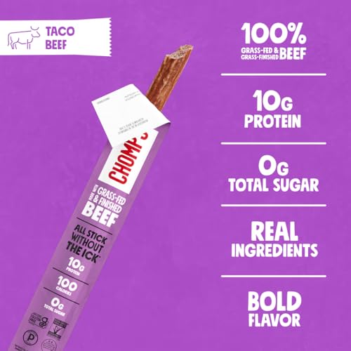 Image of Chomps Grass-Fed and Finished Taco Beef Jerky Snack Sticks 10-Pack - Keto, Paleo, Whole30, 10g Lean Meat Protein, Gluten-Free, Zero Sugar Food, Non-GMO