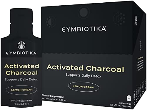 CYMBIOTIKA Activated Charcoal Liquid Supplement with Vitamin E, Gut Health & Digestive Support for Adults, Helps Cleanse, Detox, Support Gas, Bloating, Lemon Cream Flavor, Vegan, 10ml Pouches, 26 Pack