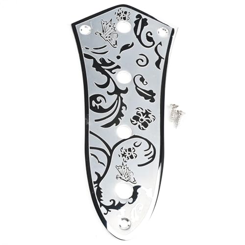 OVSAL Engraved Bass Control Plate,4 Holes Vintage Stainless Steel Control Plate with 8mm(5/16') Pot Holes,Fits Most Models Jazz Bass Guitar Replacement Parts Chrome