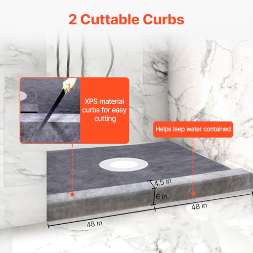Image of VEVOR Shower Curb Kit, 48 x 48 in Watertight Shower Curb Overlay with 4 in PVC Center Bonding Flange, 4 in Stainless Steel Grate, 2 Cuttable Shower Curbs Trowel and Shower Pan Slope Stick for Bathroom