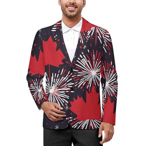 Fireworks Canada Flag Men's Slim Suit Long-Sleeve Prom Tuxedo Classic Two Button Business Jacket