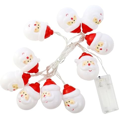 WYBG 1 Pack 5Ft Christmas Santa Claus String Lights, Battery Operated Christmas Decorative Cute Santa Head Lights with 10 Cartoon Santa for Indoor Home Outdoor Garden Yard Xmas Tree Cover
