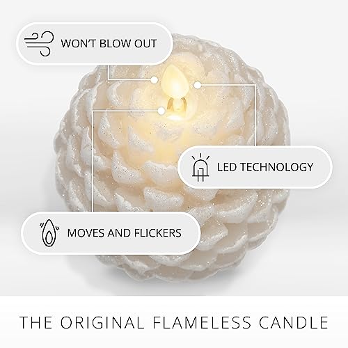 Image of Luminara Pinecone Flameless Candle White Swan Glitter and Snow Finish Pine Cone Figural, Real Wax Unscented LED Candles, Battery Operated with Timer, Holiday Decoration (4.7 inch x 6 inch)