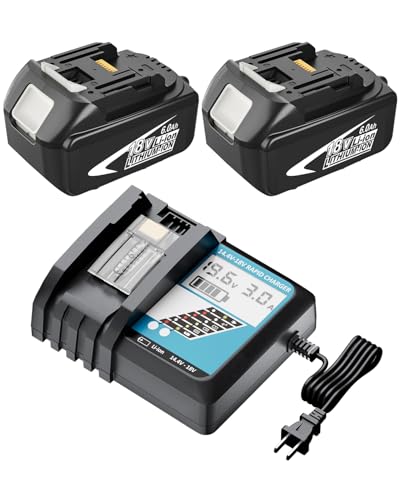 2Pack 6.0Ah 18V Battery and Charger Replacement for Makita 18V Battery and Charger Compatible with Makita 18 Volt Lithium Ion Batteries BL1860 BL1830 Cordless Power Tools (Black)