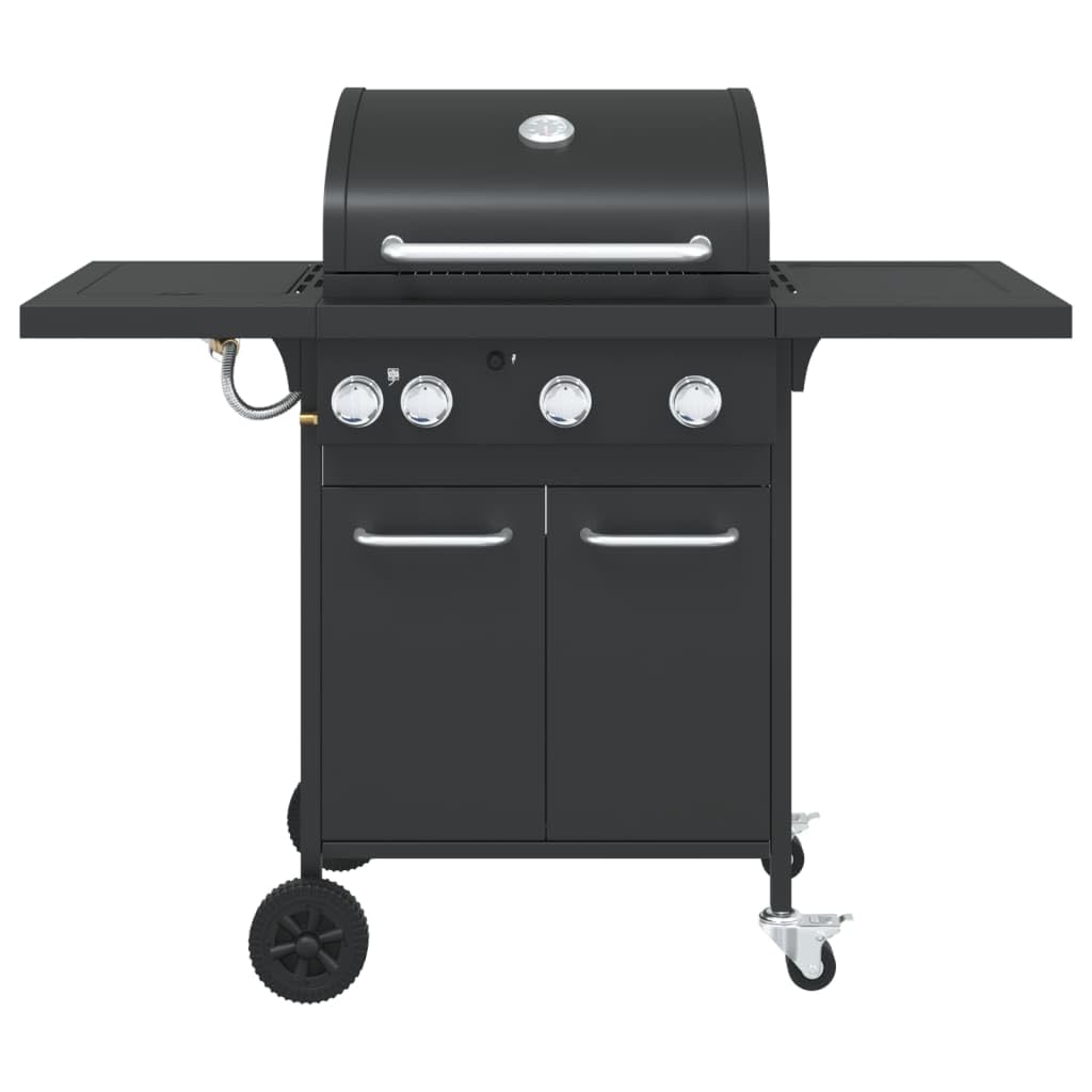 vidaXL Gasgrill mit 4 Flammen, Grillwagen mit Piezo-Zündsystem Thermometer, Gartengrill mit Rädern Stauraum, Grillstation, Schwarz Pulverbeschichteter Stahl