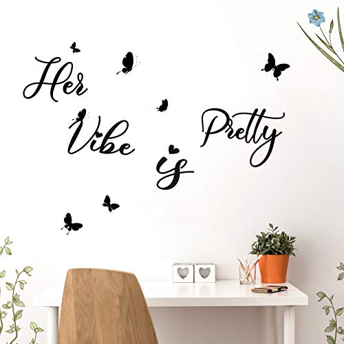 Her Vibe Is Pretty Wall Sticker Decor Vivid Butterflies Wall Decal Inspirational Quotes Motivational Positive Wall Decal For Bedroom For Women Teen Girls Female For Office Bedroom Decoration #TOP6