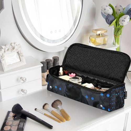Estuche de viaje 2 en 1 para plancha rizadora con almohadilla resistente al calor y espacio para plancha alisadora y secador de cabello, negro con ojos de gato azul miniatura 7