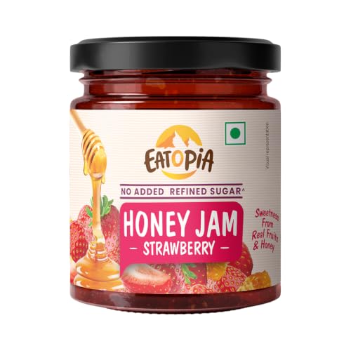 Image of Eatopia Sugar Free Strawberry Honey Jam | 100% Pure & Natural | Healthy Jam for Kids & Adults | No Added Flavours & Preservatives | 70% Real Strawberries | Sweetness from Real Fruits & Honey | Pack of 1 | 240g