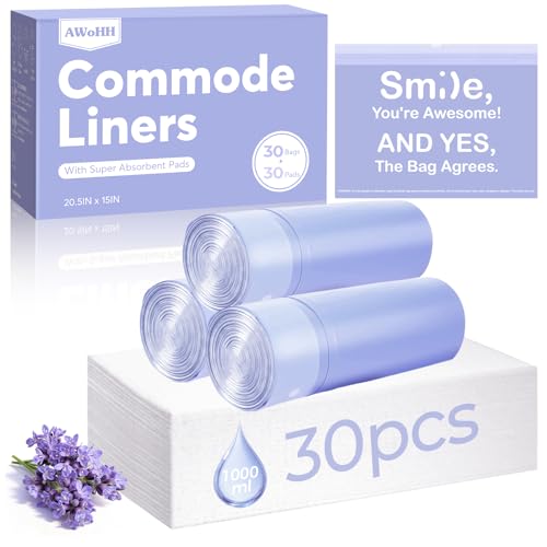 30 Pcs Bedside Commode Liners with Absorbent Pads Tear-Free Leak-Proof Lavender Scented Commode Bags and Pads Odor-Free Portable Toilet Liners & Potty Chair Poop Bags for Disposable Adult Bedpan