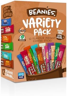 Beanies Mixed Flavoured Instant Coffee 12 Sachets with 12 Different Flavours in a variety pack, Freeze-Dried Granules, Premium Taste, Nut-Free, Rich in Flavour, Low-Calorie, Gluten-Free, Vegan