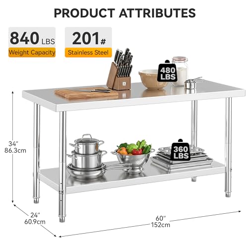 Image of DWVO 60x24in Stainless Steel Table with Adjustable Shelf | NSF Metal Prep Worktable for Kitchen Restaurant Hotel Garage Warehouse Home Commercial
